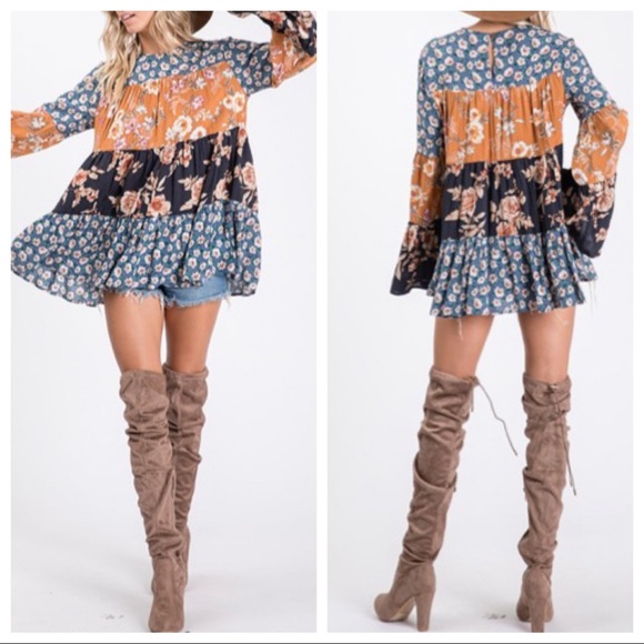 ShopEvelynne Tops - Floral print woven mix and match tunic top